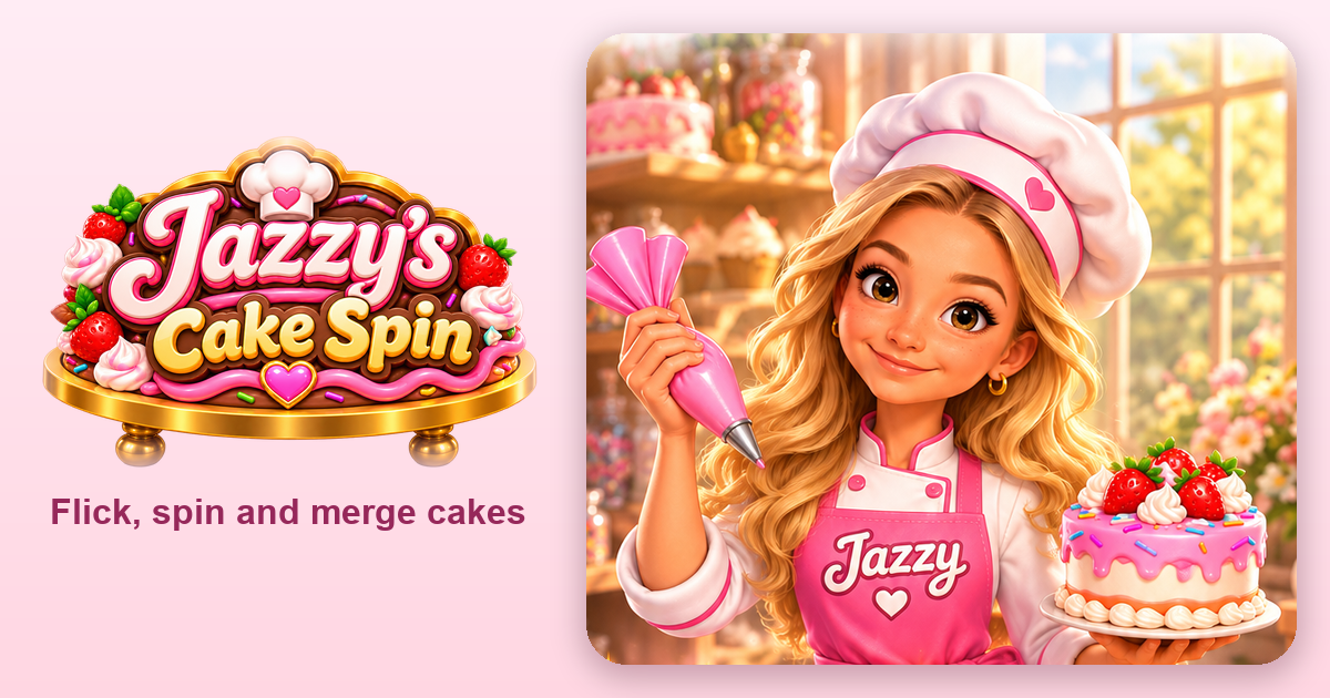 Jazzy the baker holding a strawberry cake beside the Jazzy's Cake Spin logo